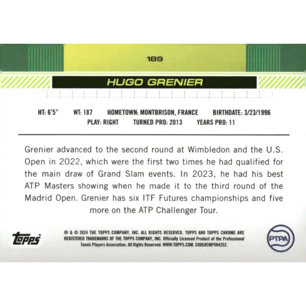 2024 Topps Chrome #189 Hugo Grenier EX Excellent Tennis Card - Other