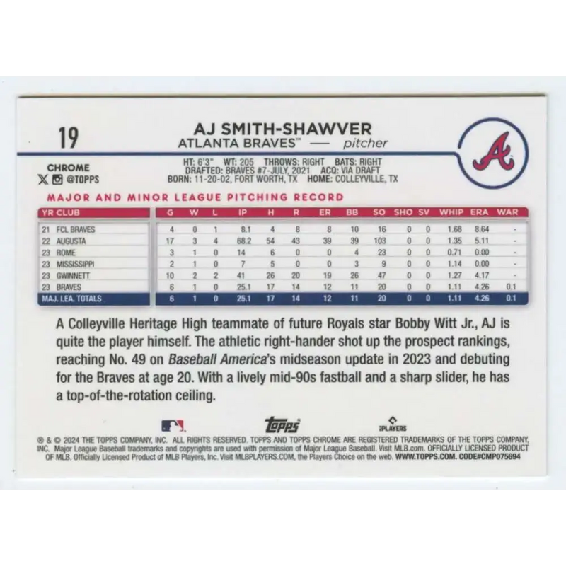 2024 Topps Chrome #19 AJ Smith-Shawver NM-MT RC Rookie Atlanta Braves Baseball Card - Baseball Card Single