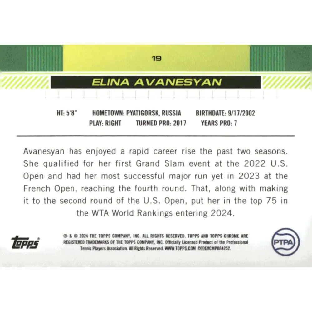 2024 Topps Chrome #19 Elina Avanesyan EX Excellent Tennis Card