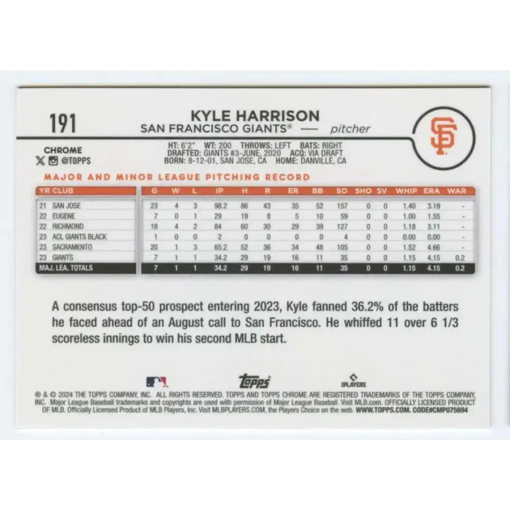 2024 Topps Chrome #191 Kyle Harrison NM-MT RC Rookie San Francisco Giants Baseball Card - Baseball Card Single