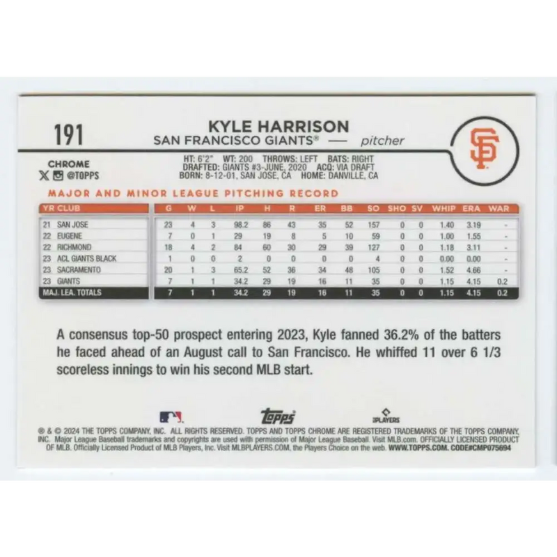 2024 Topps Chrome #191 Kyle Harrison NM-MT RC Rookie San Francisco Giants Baseball Card - Baseball Card Single