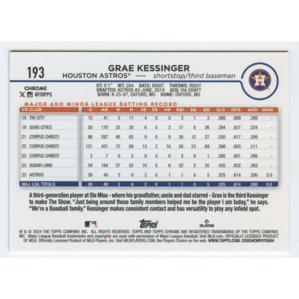 2024 Topps Chrome #193 Grae Kessinger NM-MT RC Rookie Houston Astros Baseball Card - Baseball Card Single