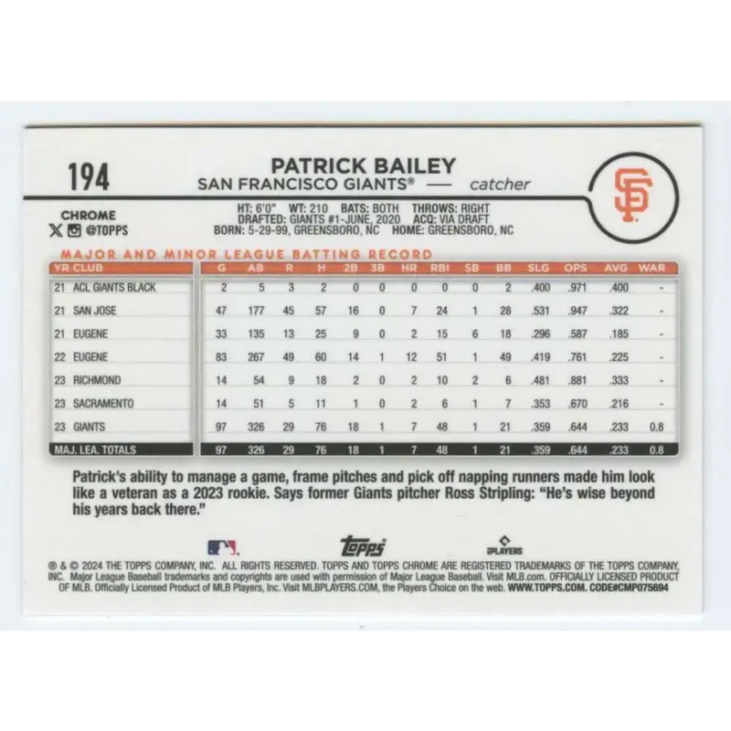 2024 Topps Chrome #194 Patrick Bailey NM-MT San Francisco Giants Baseball Card - Baseball Card Single