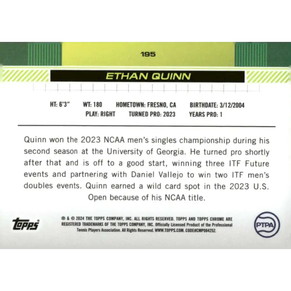 2024 Topps Chrome #195 Ethan Quinn EX Excellent RC Rookie Tennis Card - Tennis Card Single