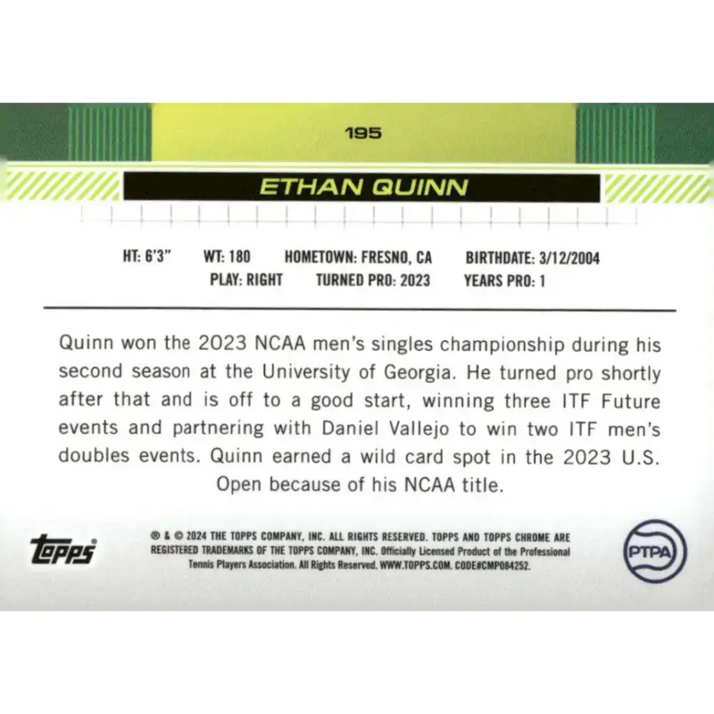 2024 Topps Chrome #195 Ethan Quinn EX Excellent RC Rookie Tennis Card - Tennis Card Single