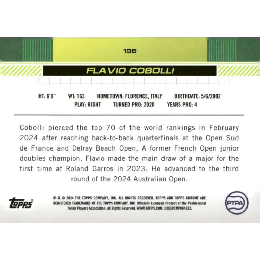 2024 Topps Chrome #196 Flavio Cobolli EX Excellent Tennis Card