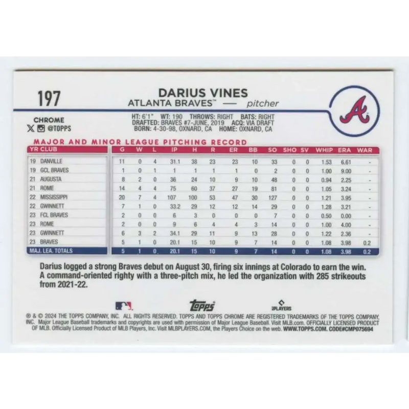 2024 Topps Chrome #197 Darius Vines NM-MT RC Rookie Atlanta Braves Baseball Card - Baseball Card Single