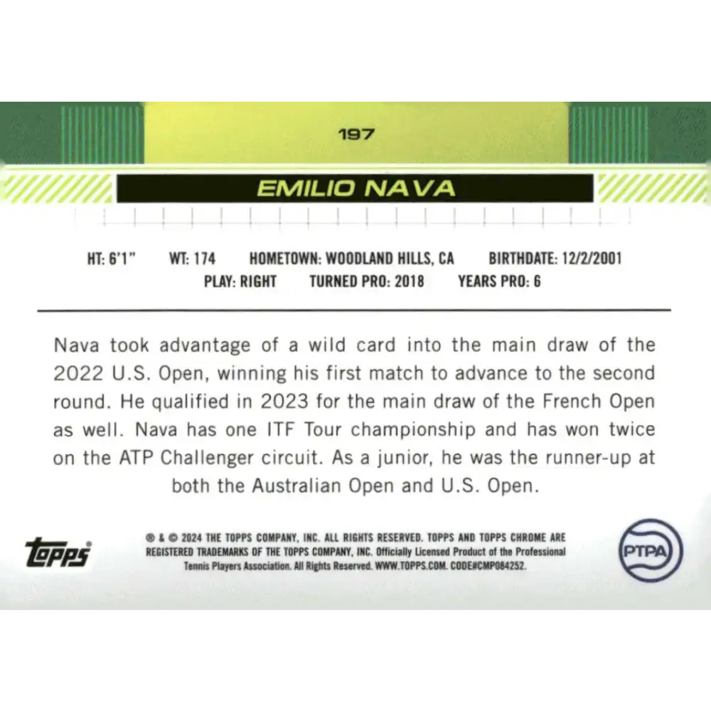 2024 Topps Chrome #197 Emilio Nava EX Excellent Tennis Card