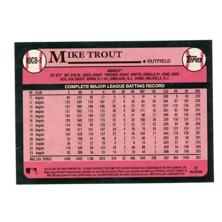 2024 Topps Chrome 1989 Baseball Refractor #89CB-1 Mike Trout NM-MT Los Angeles Angels Baseball Card - Baseball Card