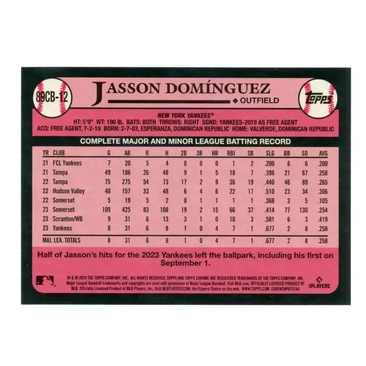 2024 Topps Chrome 1989 Baseball Refractor #89CB-12 Jasson Dominguez NM-MT New York Yankees Baseball Card - Baseball