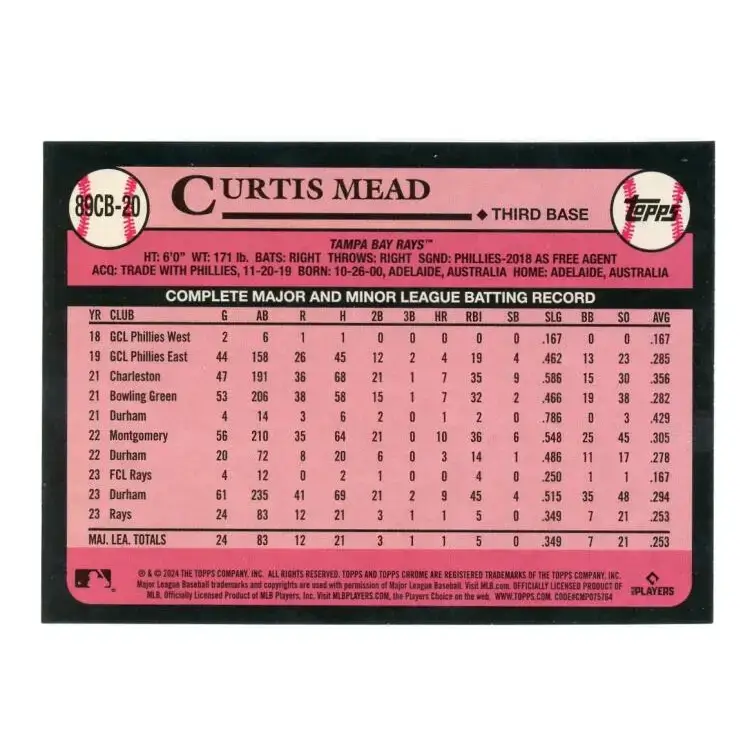 2024 Topps Chrome 1989 Baseball Refractor #89CB-20 Curtis Mead NM-MT Tampa Bay Rays Baseball Card - Baseball Card Single