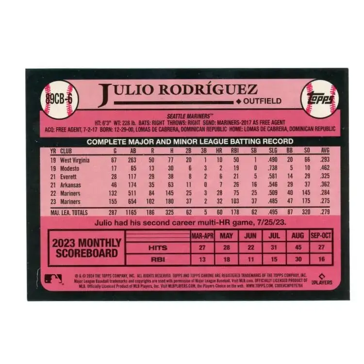 2024 Topps Chrome 1989 Baseball Refractor #89CB-6 Julio Rodriguez NM-MT Seattle Mariners Baseball Card - Baseball Card