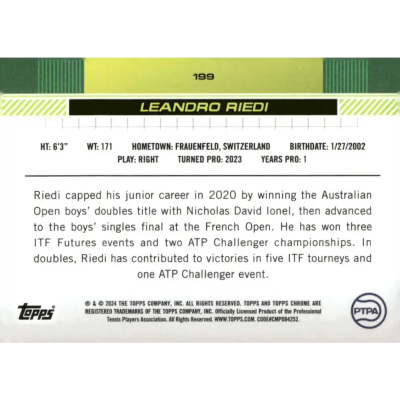 2024 Topps Chrome #199 Leandro Riedi EX Excellent Tennis Card - Other