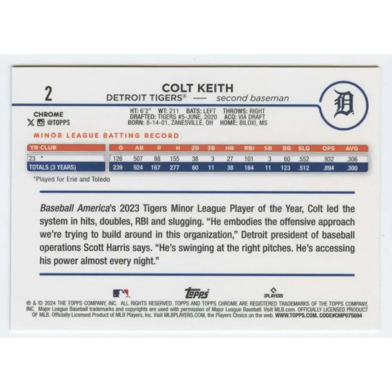 2024 Topps Chrome #2 Colt Keith NM-MT RC Rookie Detroit Tigers Baseball Card - Baseball Card Single