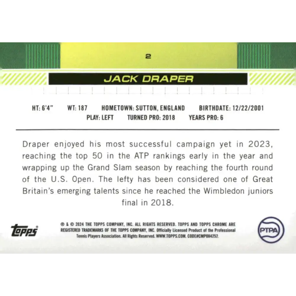 2024 Topps Chrome #2 Jack Draper EX Excellent Tennis Card - Other