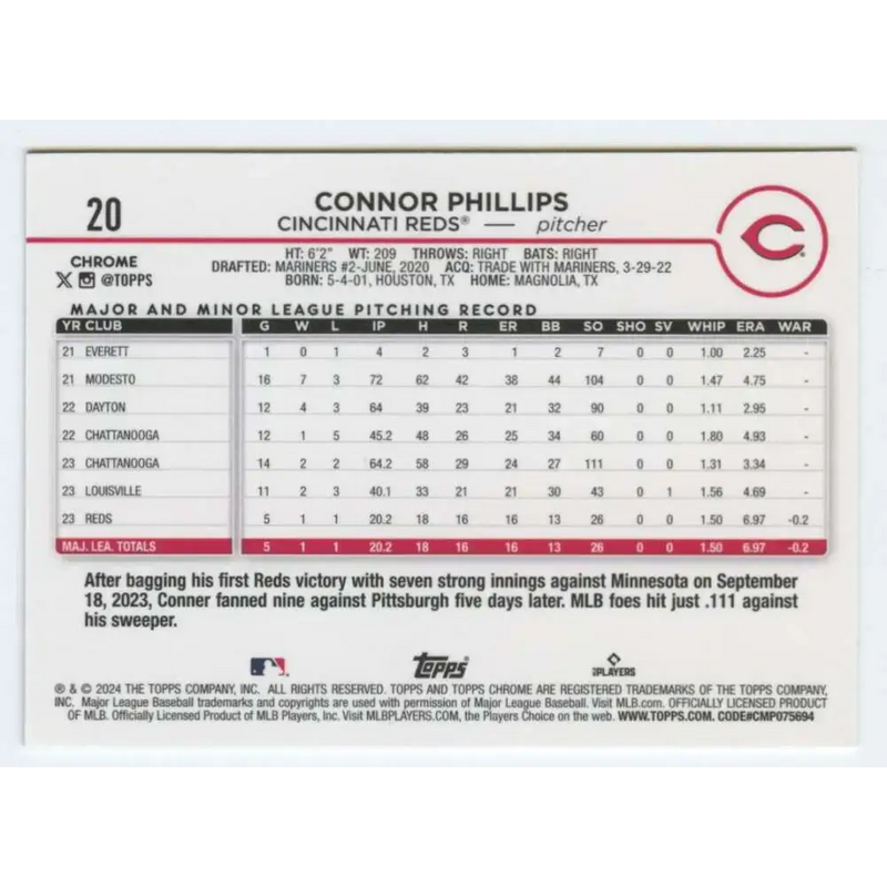 2024 Topps Chrome #20 Connor Phillips NM-MT RC Rookie Cincinnati Reds Baseball Card - Baseball Card Single