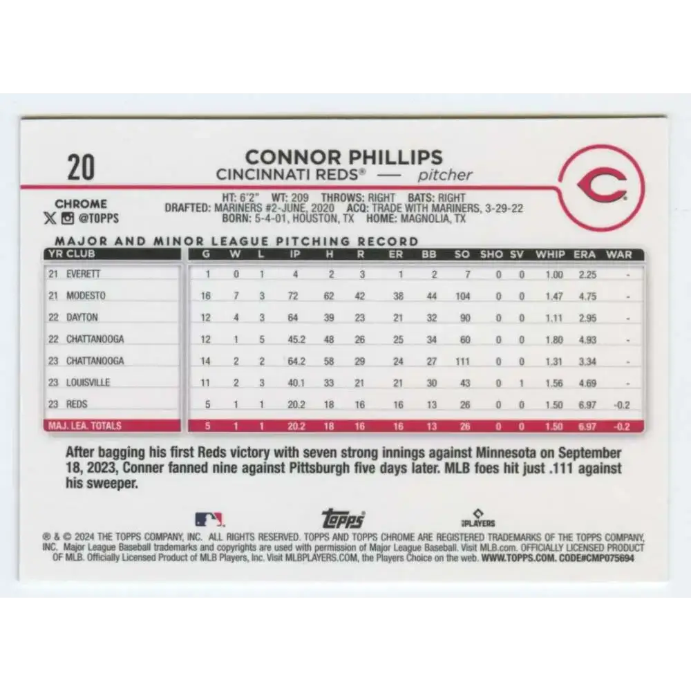 2024 Topps Chrome #20 Connor Phillips NM-MT RC Rookie Cincinnati Reds Baseball Card - Baseball Card Single