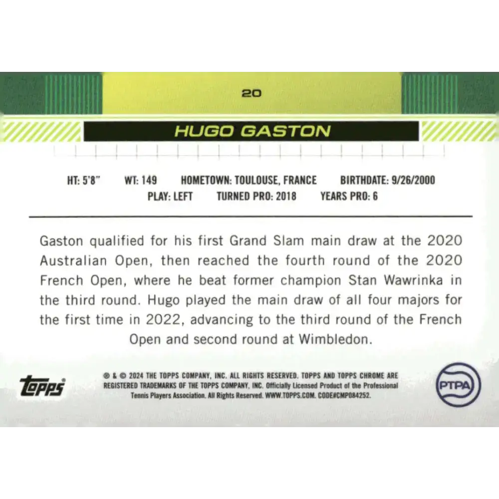 2024 Topps Chrome #20 Hugo Gaston EX Excellent Tennis Card - Tennis Card Single