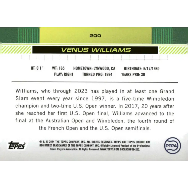2024 Topps Chrome #200 Venus Williams EX Excellent Tennis Card - Other