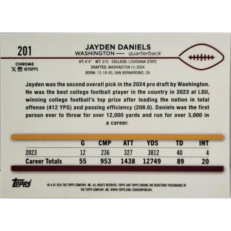 2024 Topps Chrome #201 Jayden Daniels NM-MT RC Rookie Washington Commanders Football Card - Football Card Single