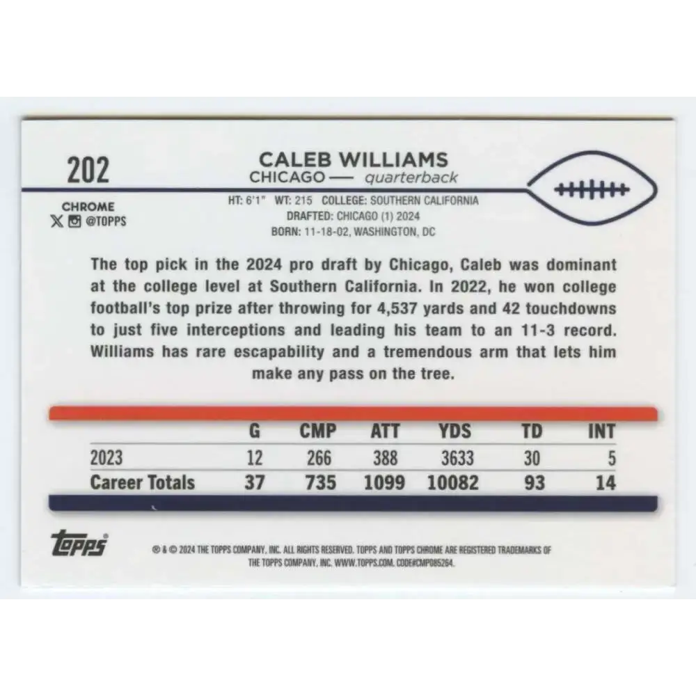 2024 Topps Chrome #202 Caleb Williams NM-MT RC Rookie Chicago Bears Football Card - Football Card Single