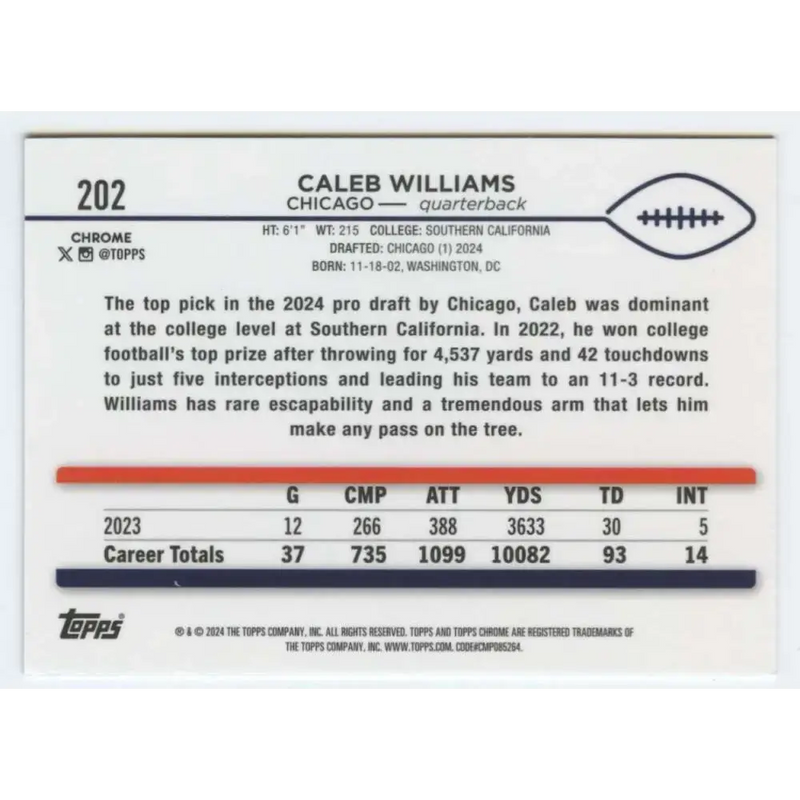 2024 Topps Chrome #202 Caleb Williams NM-MT RC Rookie Chicago Bears Football Card - Football Card Single