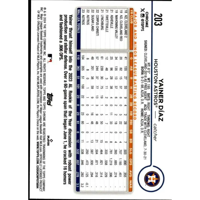 2024 Topps Chrome #203 Yainer Diaz NM-MT Houston Astros Baseball Card - Baseball Card Single