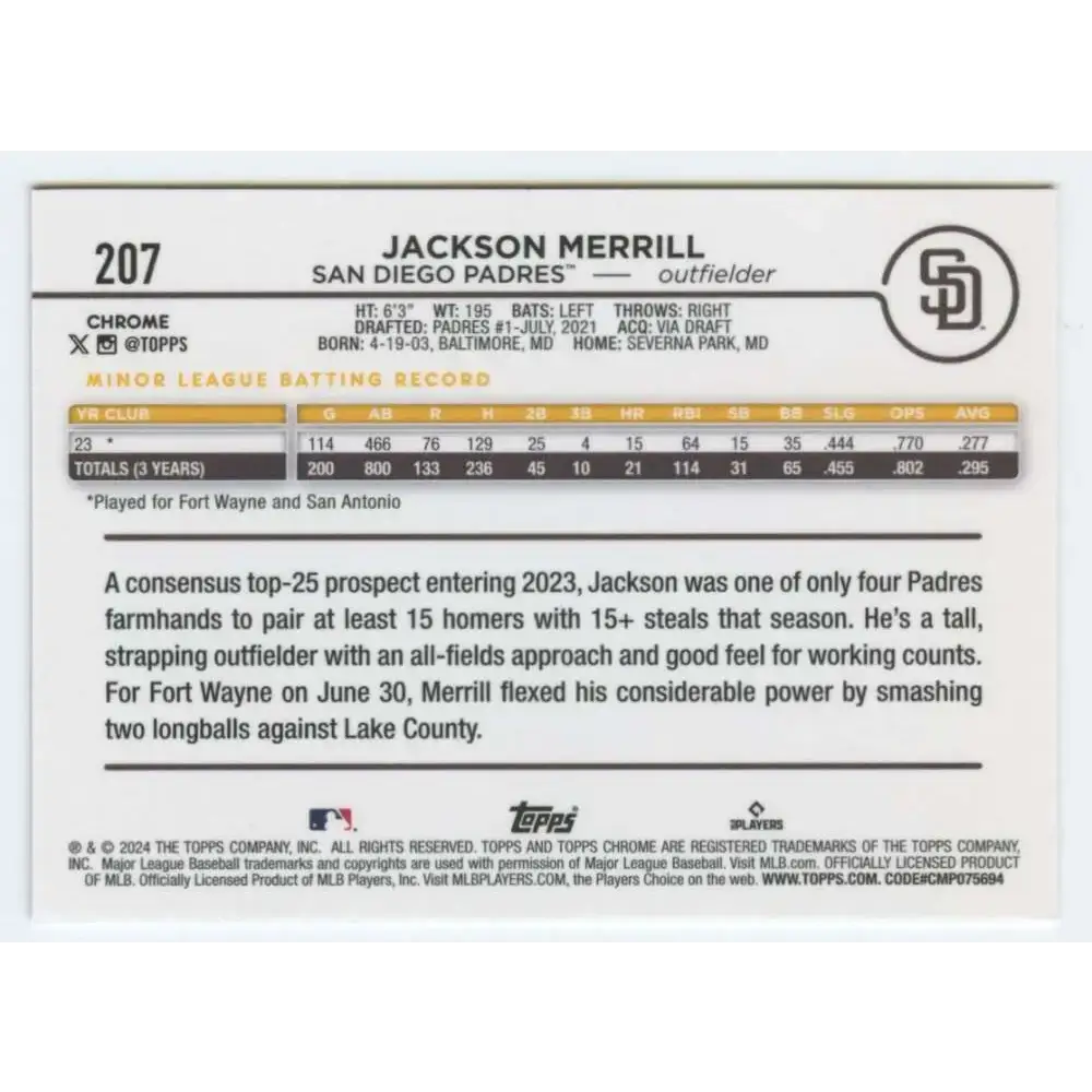 2024 Topps Chrome #207 Jackson Merrill NM-MT RC Rookie San Diego Padres Baseball Card - Baseball Card Single
