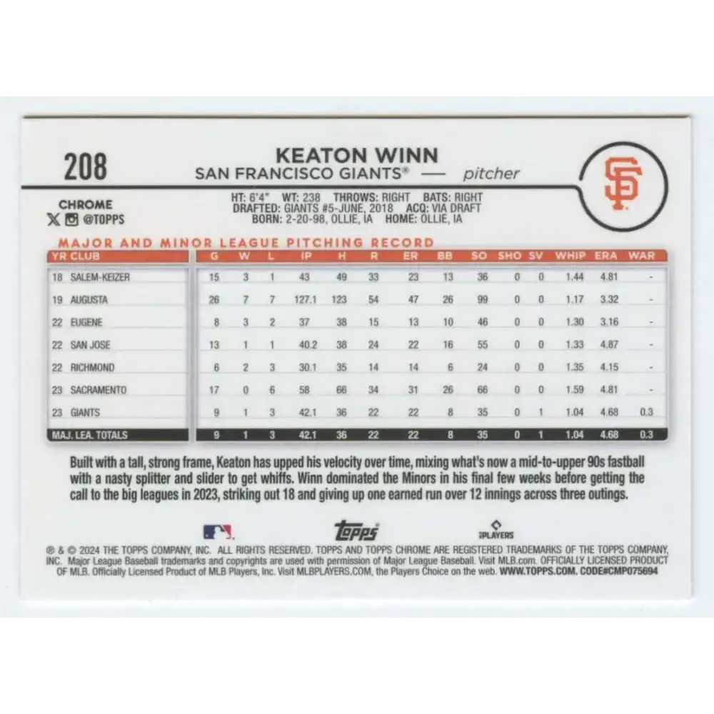 2024 Topps Chrome #208 Keaton Winn NM-MT RC Rookie San Francisco Giants Baseball Card - Baseball Card Single