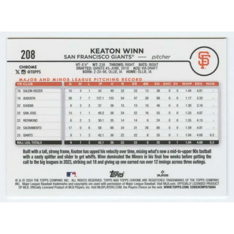 2024 Topps Chrome #208 Keaton Winn NM-MT RC Rookie San Francisco Giants Baseball Card - Baseball Card Single