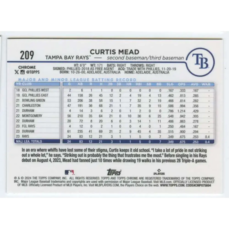 2024 Topps Chrome #209 Curtis Mead NM-MT RC Rookie Tampa Bay Rays Baseball Card - Baseball Card Single