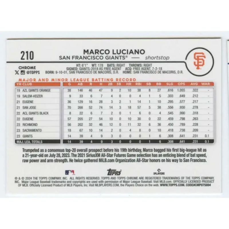 2024 Topps Chrome #210 Marco Luciano NM-MT RC Rookie San Francisco Giants Baseball Card - Baseball Card Single