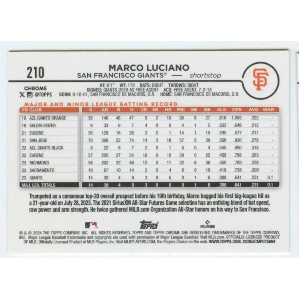 2024 Topps Chrome #210 Marco Luciano NM-MT RC Rookie San Francisco Giants Baseball Card - Baseball Card Single