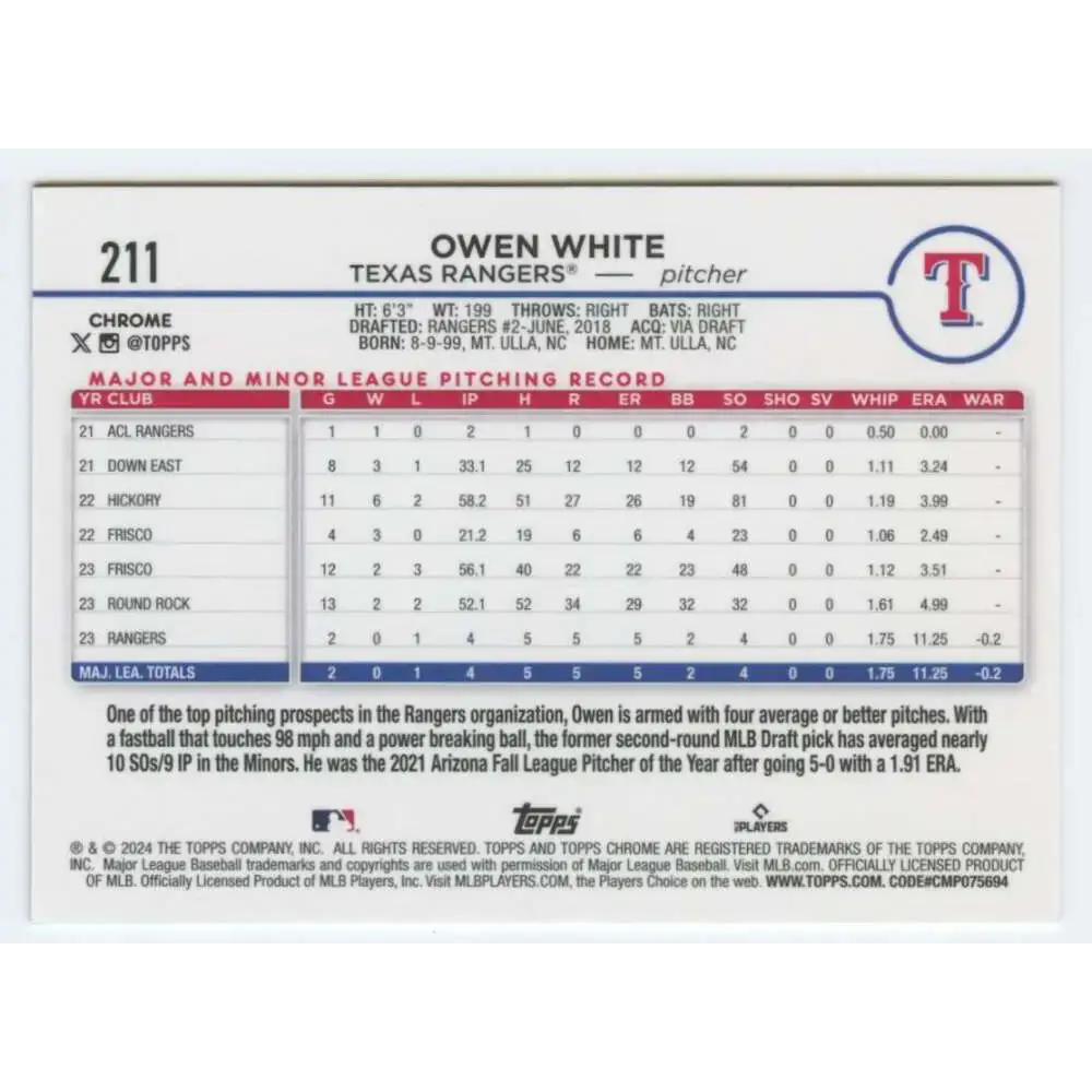 2024 Topps Chrome #211 Owen White NM-MT RC Rookie Texas Rangers Baseball Card - Baseball Card Single