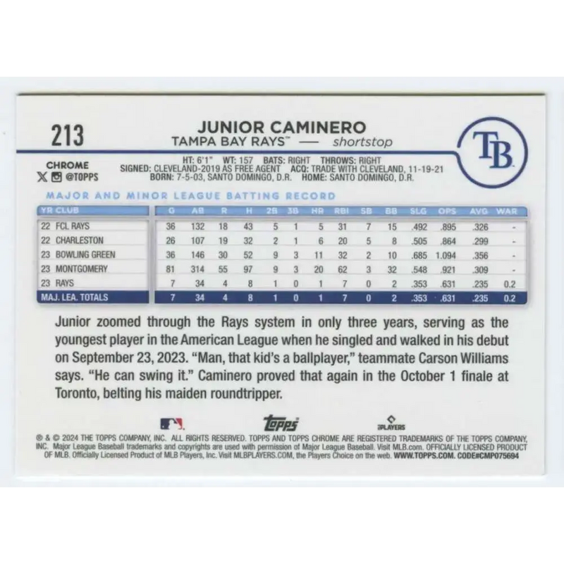 2024 Topps Chrome #213 Junior Caminero NM-MT RC Rookie Tampa Bay Rays Baseball Card - Baseball Card Single