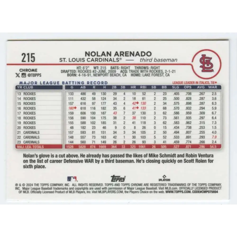 2024 Topps Chrome #215 Nolan Arenado NM-MT St Louis Cardinals Baseball Card - Baseball Card Single