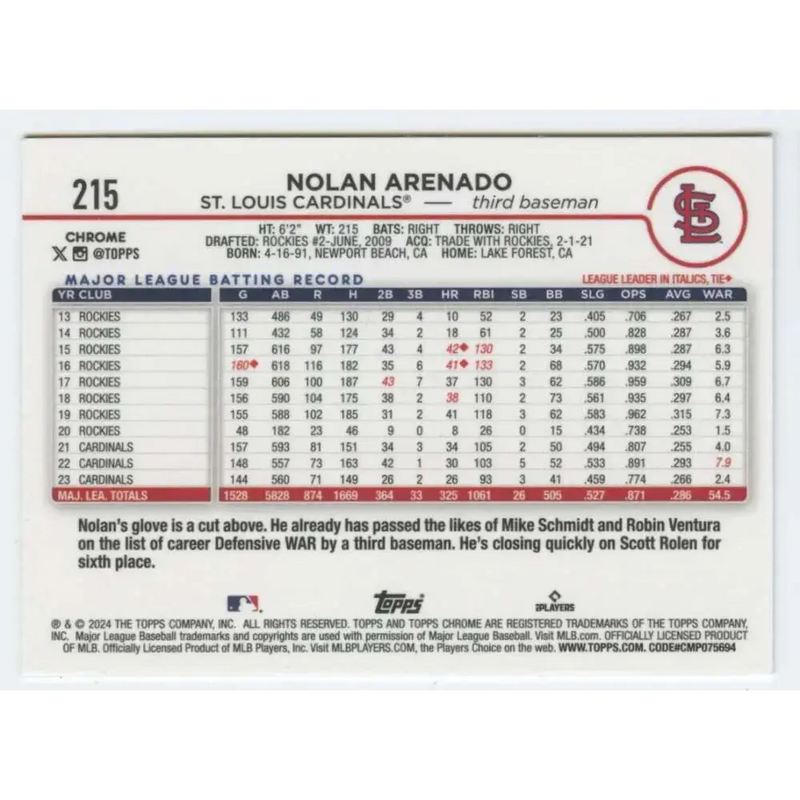 2024 Topps Chrome #215 Nolan Arenado NM-MT St Louis Cardinals Baseball Card - Baseball Card Single