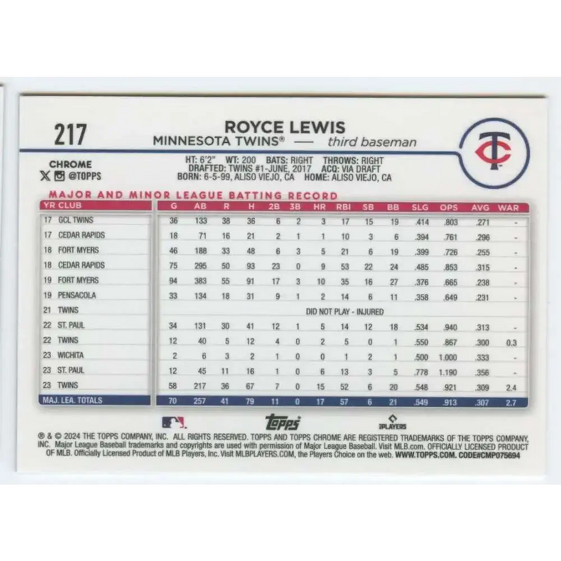 2024 Topps Chrome #217 Royce Lewis NM-MT Minnesota Twins Baseball Card - Baseball Card Single