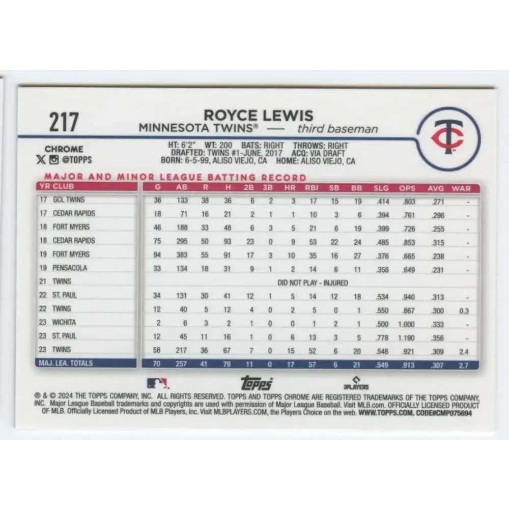 2024 Topps Chrome #217 Royce Lewis NM-MT Minnesota Twins Baseball Card - Baseball Card Single