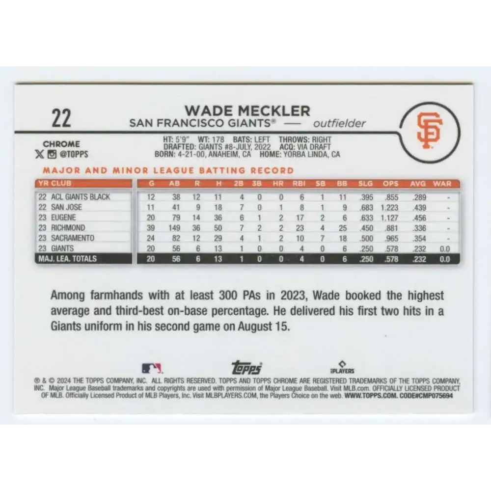 2024 Topps Chrome #22 Wade Meckler NM-MT RC Rookie San Francisco Giants Baseball Card - Baseball Card Single