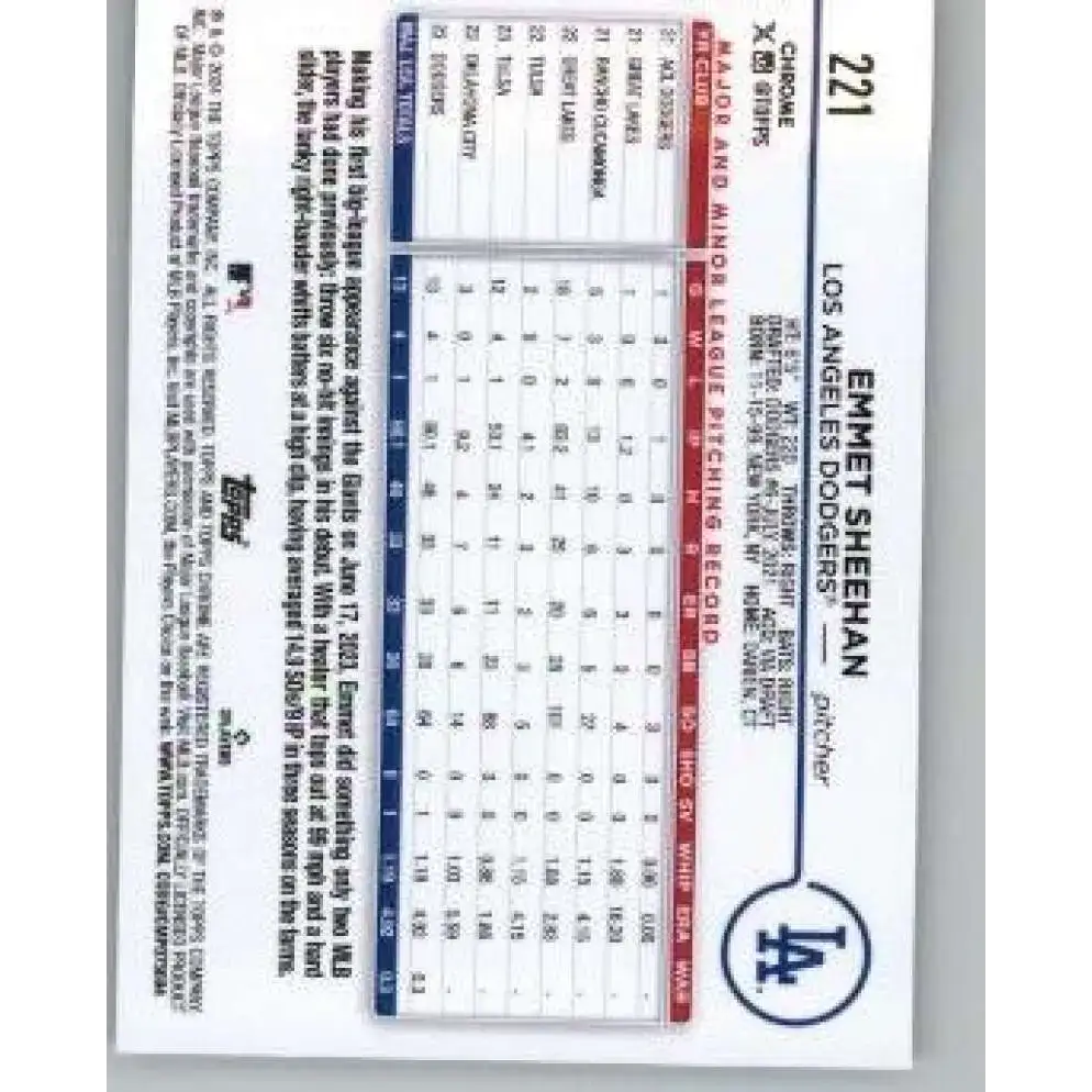 2024 Topps Chrome #221 Emmet Sheehan NM-MT RC Rookie Los Angeles Dodgers Baseball Card