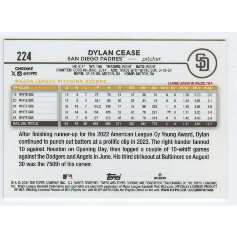 2024 Topps Chrome #224 Dylan Cease NM-MT San Diego Padres Baseball Card - Baseball Card Single