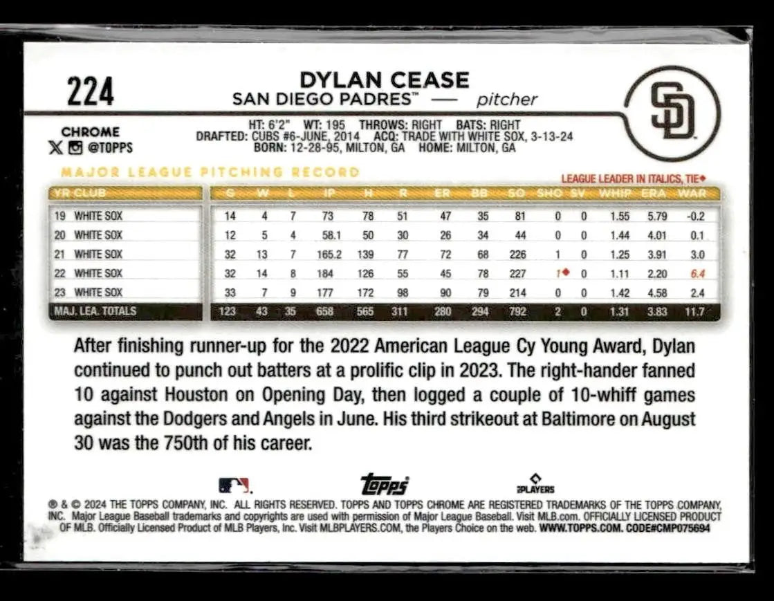 2024 Topps Chrome #224 Dylan Cease Prism Refractors - Baseball Card Single