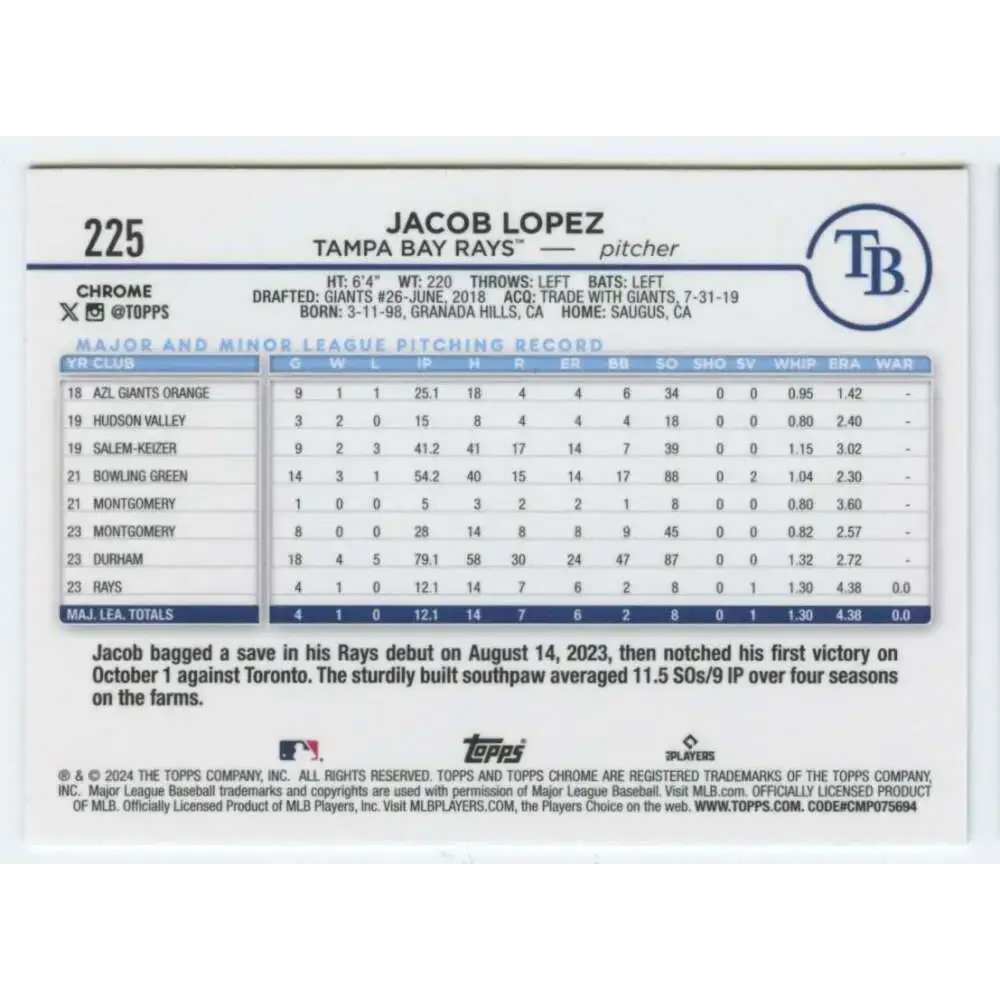 2024 Topps Chrome #225 Jacob Lopez NM-MT RC Rookie Tampa Bay Rays Baseball Card - Baseball Card Single