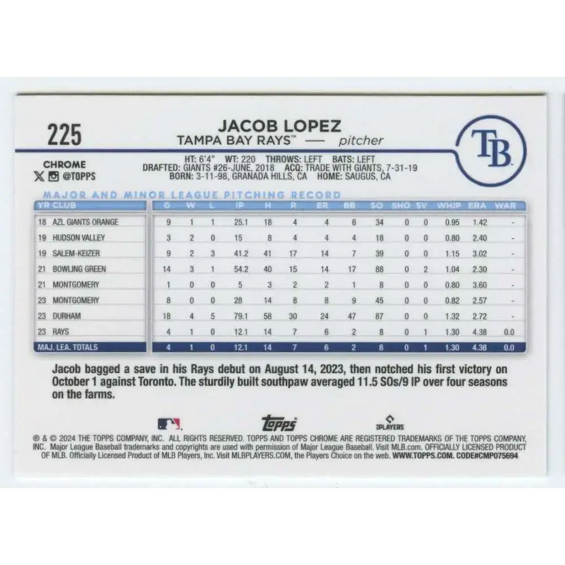 2024 Topps Chrome #225 Jacob Lopez NM-MT RC Rookie Tampa Bay Rays Baseball Card - Baseball Card Single