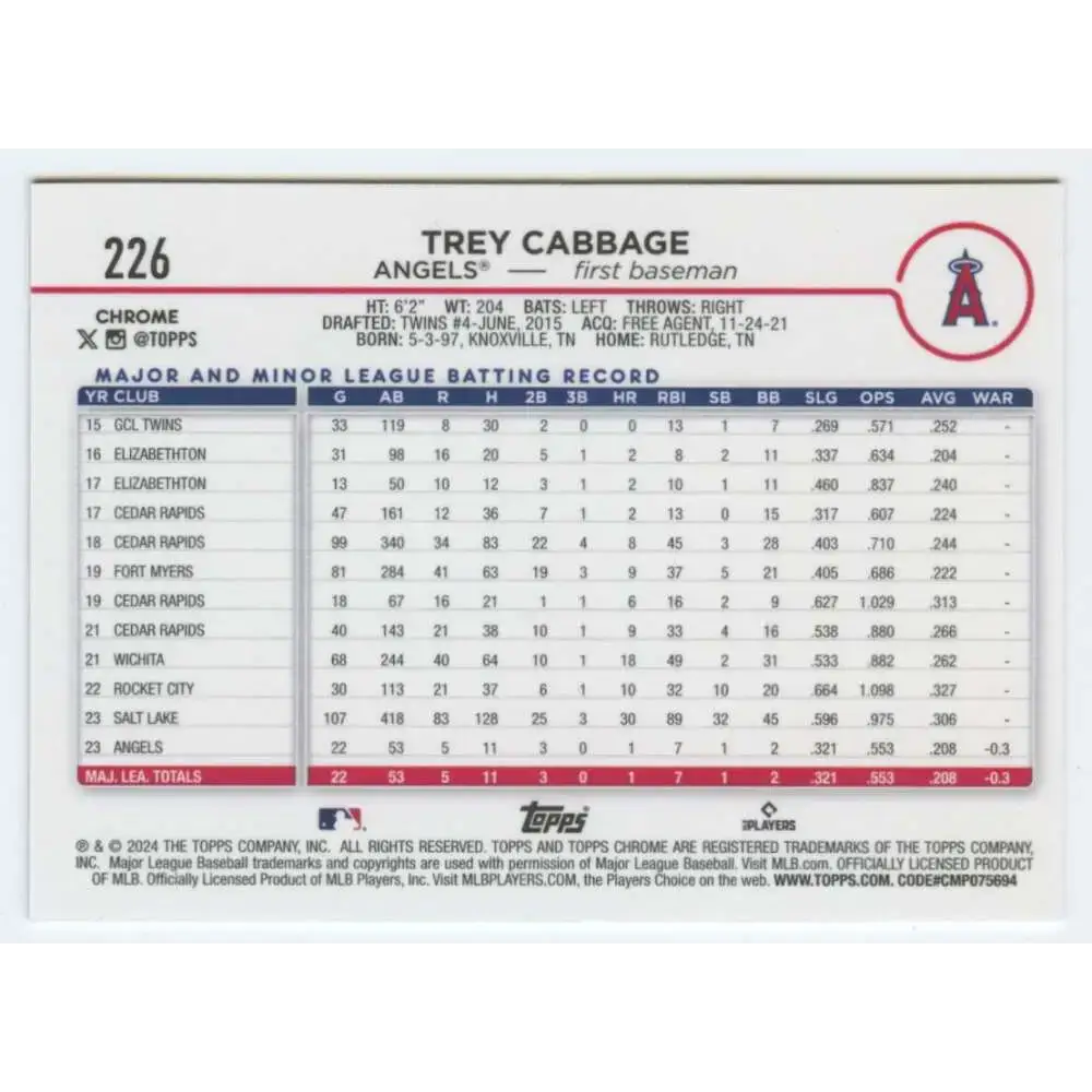 2024 Topps Chrome #226 Trey Cabbage NM-MT RC Rookie Los Angeles Angels Baseball Card - Baseball Card Single