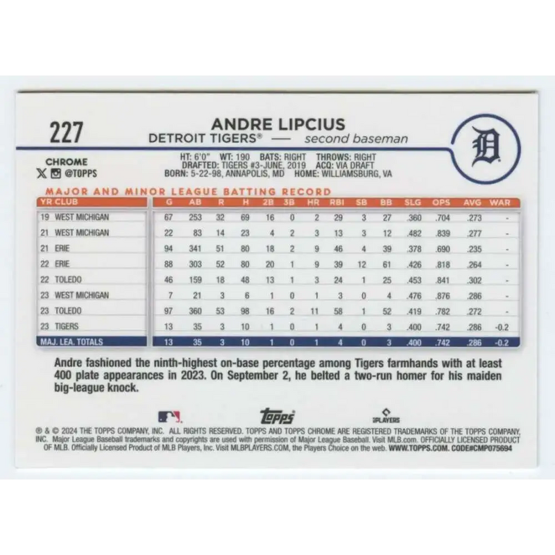 2024 Topps Chrome #227 Andre Lipcius NM-MT RC Rookie Detroit Tigers Baseball Card - Baseball Card Single