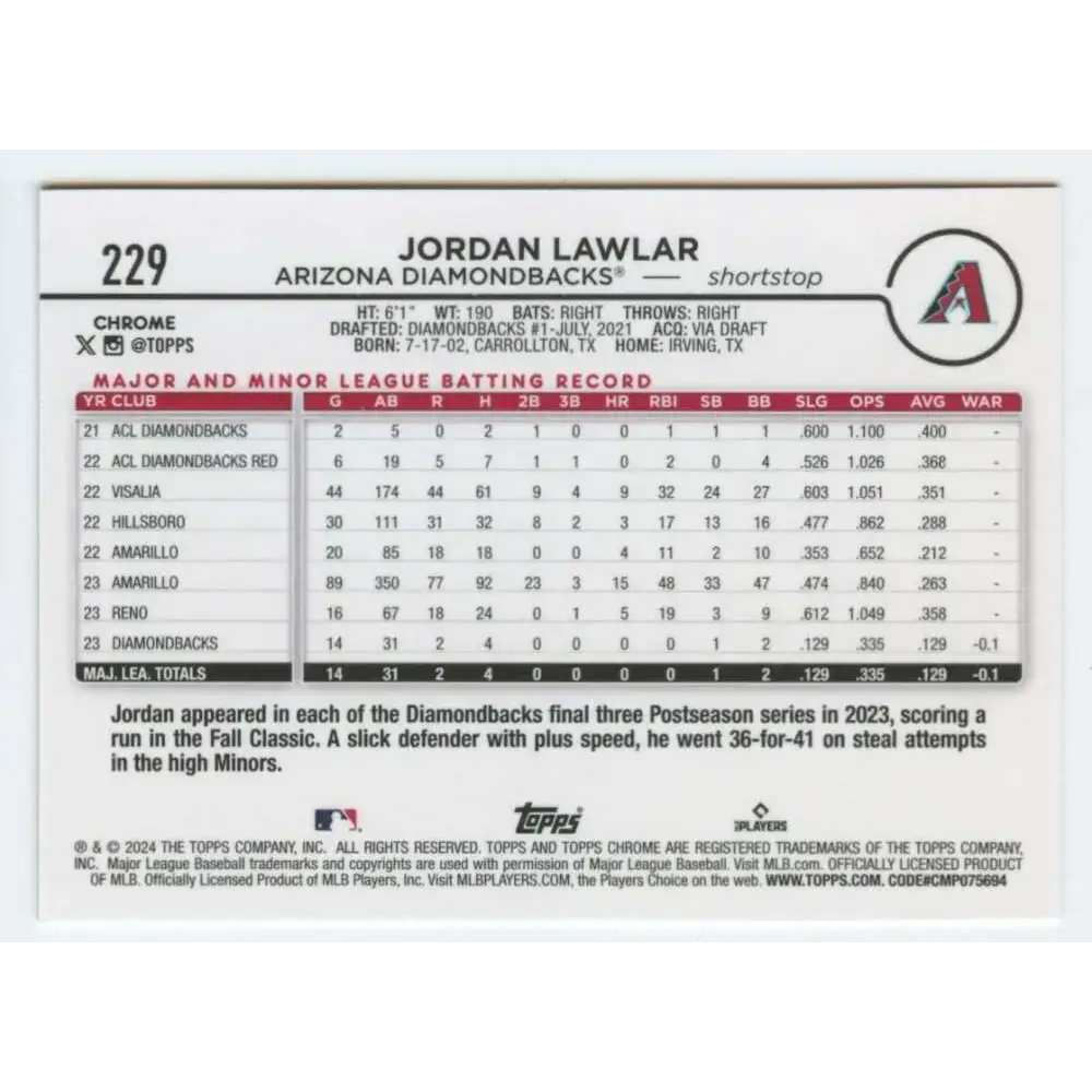 2024 Topps Chrome #229 Jordan Lawlar NM-MT RC Rookie Arizona Diamondbacks Baseball Card - Baseball Card Single