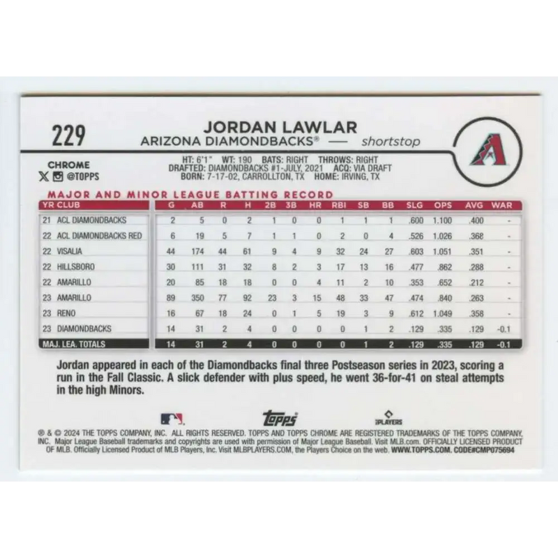 2024 Topps Chrome #229 Jordan Lawlar NM-MT RC Rookie Arizona Diamondbacks Baseball Card - Baseball Card Single