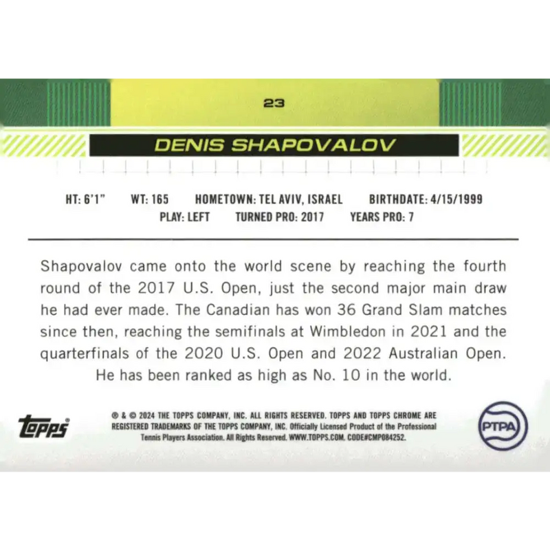 2024 Topps Chrome #23 Denis Shapovalov EX Excellent Tennis Card - Other